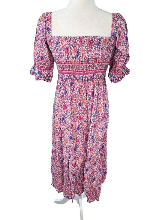 Dresses & Skirts - Pink Floral Smocked Puff Sleeve Midi Dress Size Large